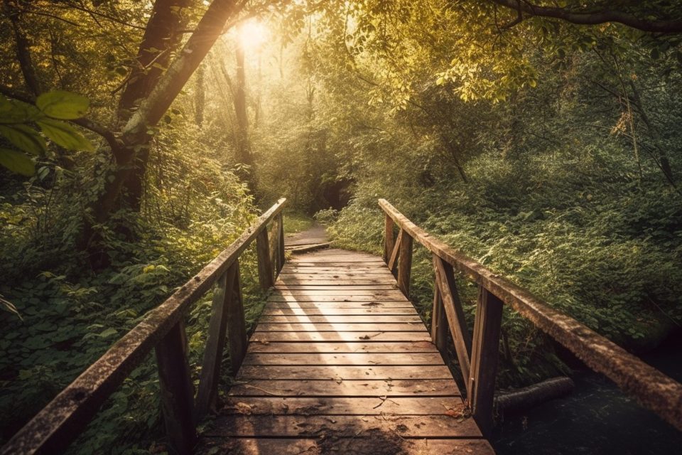 Autumn leaves cover footpath in tranquil forest generated by artificial intelligence